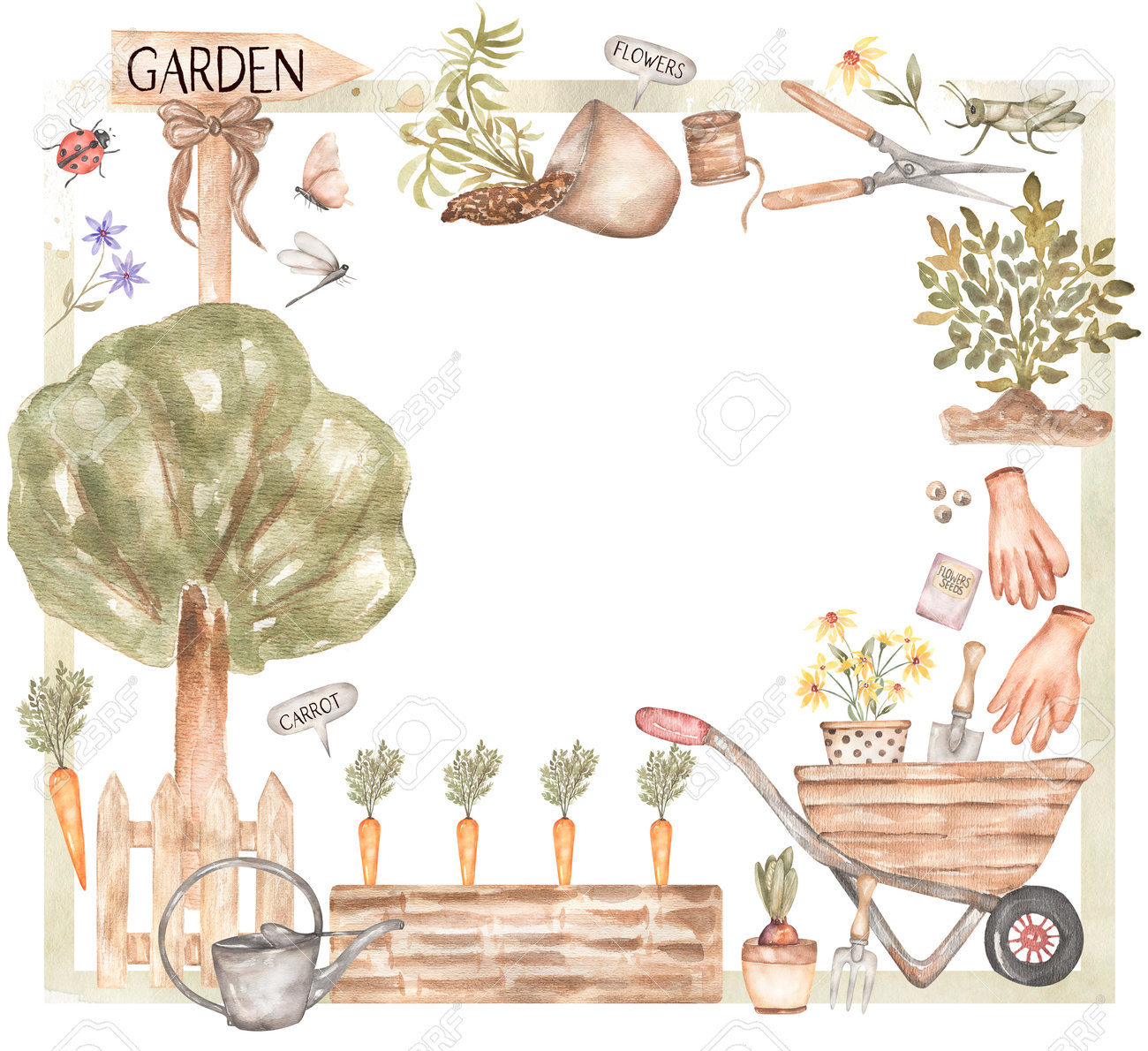 Watercolor Hand Drawn Gardening Frame Clipart, Garden Tools Clip Art,  Shovels Illustration, Rakes, Rustic Garden Frame, Farmhouse Print, Potted  Plants Wreath Stock Photo, Picture and Royalty Free Image. Image 194939990., image size:1300x1190