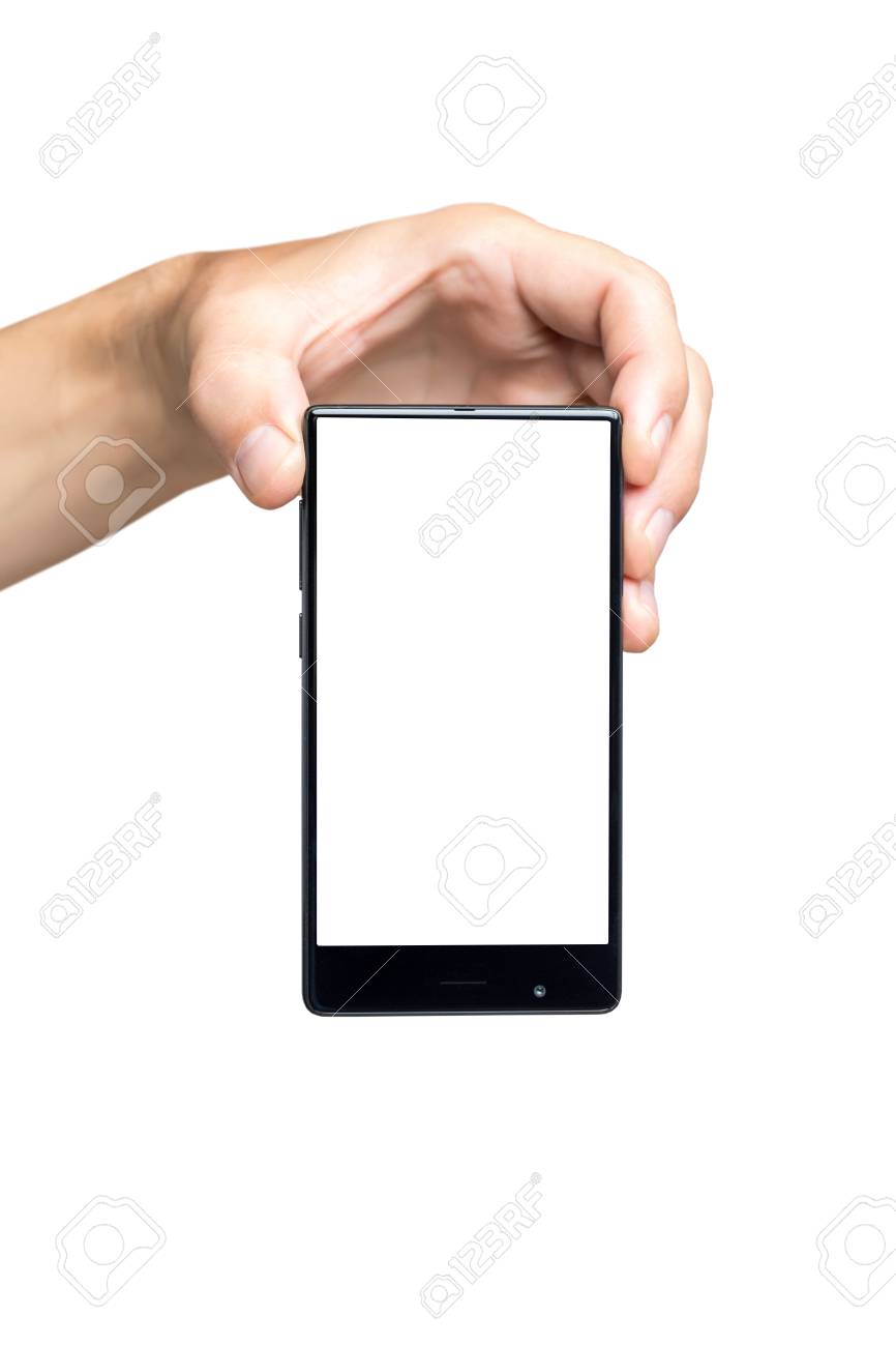 vertical mockup of male hand holding black frameless cell phone