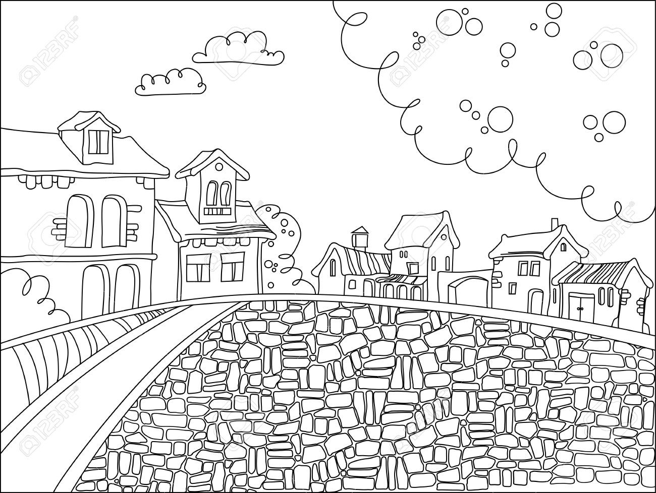 漫画のスタイルの黒と白の街広場 手描き落書きの家 ベクトル イラスト 子供たちのため大人のぬり絵のイラスト素材 ベクタ Image