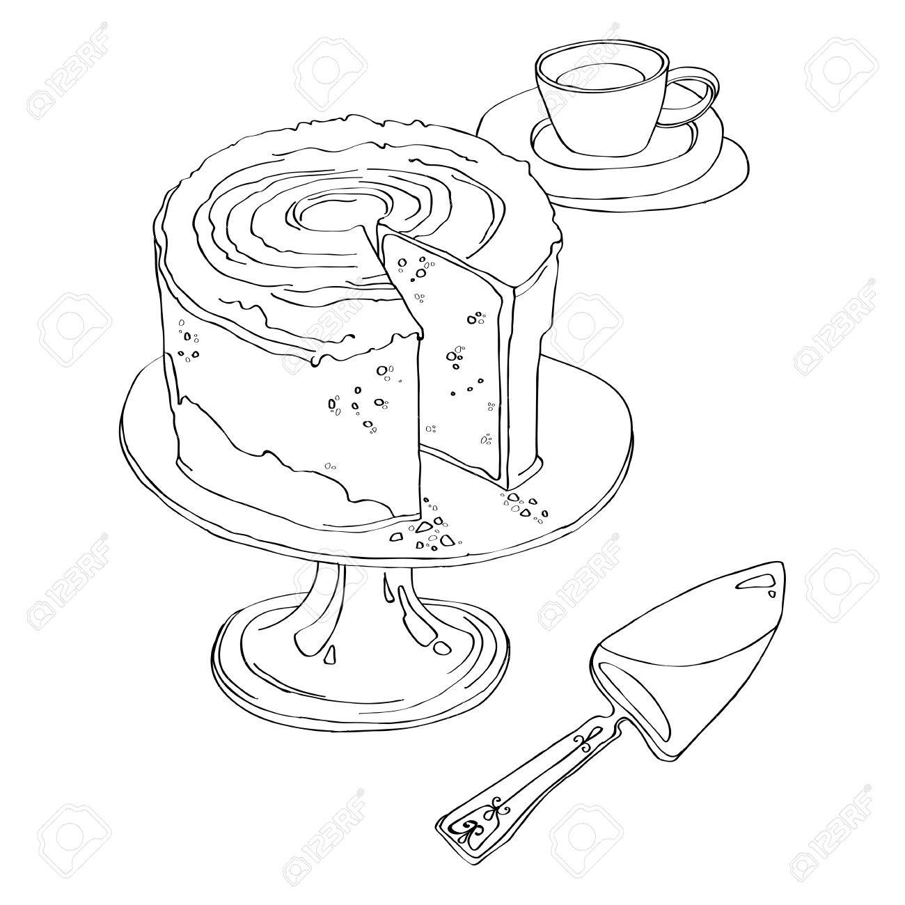 Leckeren Kuchen Steht Auf Podest Kuchen Platte Mit Einer Tasse Tee Und Spachtel Fur Eine Torte Schwarz Weiss Darstellung Auf Weissem Hintergrund Lizenzfrei Nutzbare Vektorgrafiken Clip Arts Illustrationen Image 62765446