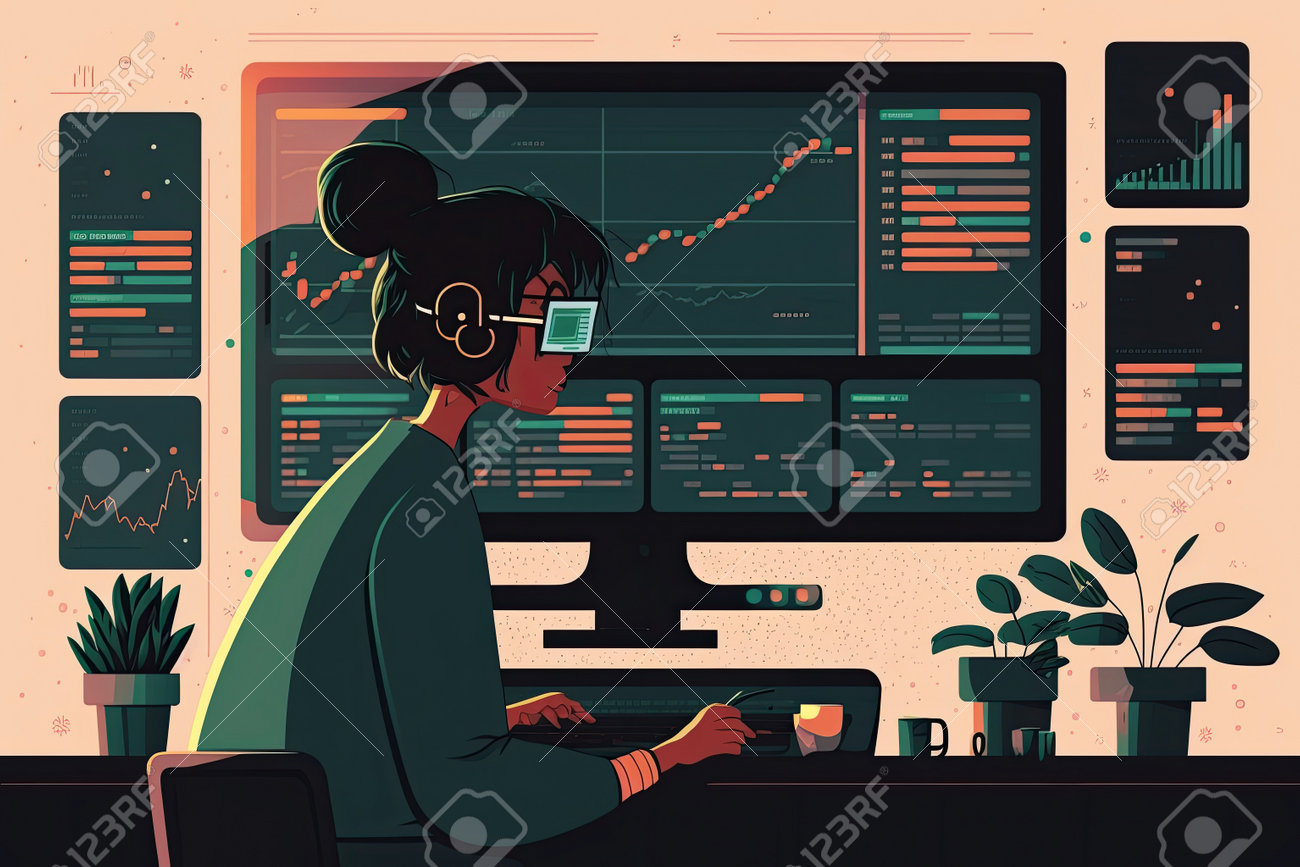 AI Generated Illustration Female Trader Doing Analysis And Trading Behind  Multiple Screens Showing Charts And Statistics. Stock, Crypto Or Forex  Financial Market. Stock Photo, Picture and Royalty Free Image. Image  205025744.