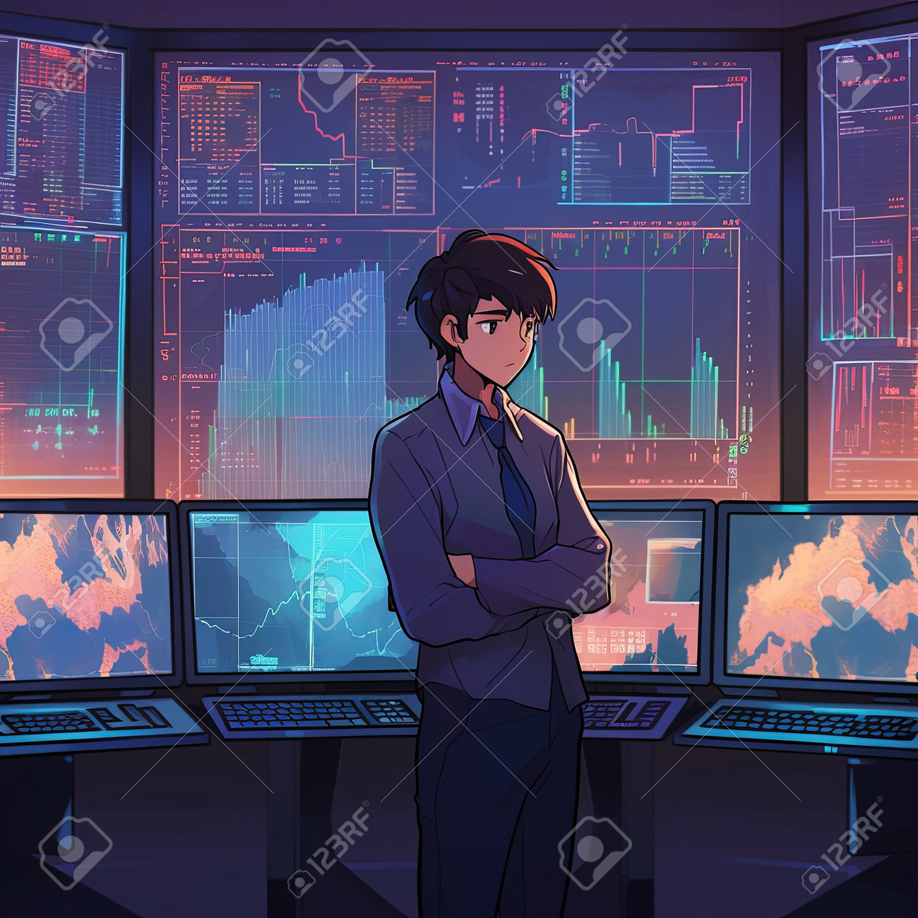 AI Generated Illustration Front View Male Trader Doing Analysis And Trading  Behind Multiple Screens Showing Charts And Statistics. Stock, Crypto Or  Forex Financial Market. Stock Photo, Picture and Royalty Free Image. Image