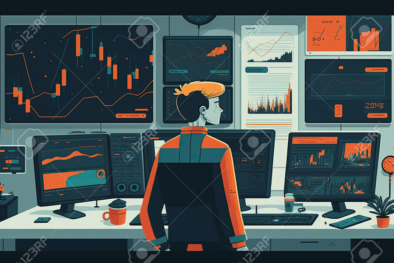 AI Generated Illustration Trader Doing Analysis And Trading Behind Multiple  Screens Showing Charts And Statistics. Stock, Crypto Or Forex Financial  Market. Stock Photo, Picture and Royalty Free Image. Image 204967838.