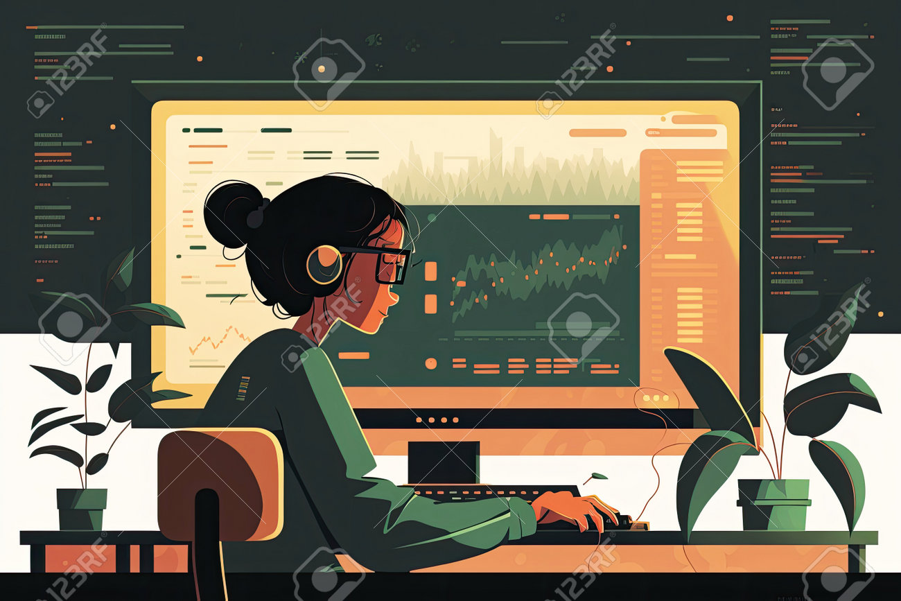AI Generated Illustration Female Trader Doing Analysis And Trading Behind  Multiple Screens Showing Charts And Statistics. Stock, Crypto Or Forex  Financial Market. Stock Photo, Picture and Royalty Free Image. Image  204967265.