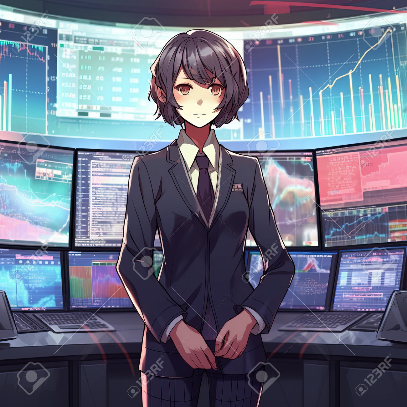 AI Generated Illustration Front View Female Trader Doing Analysis And  Trading Behind Multiple Screens Showing Charts And Statistics. Stock, Crypto  Or Forex Financial Market. Stock Photo, Picture and Royalty Free Image.  Image