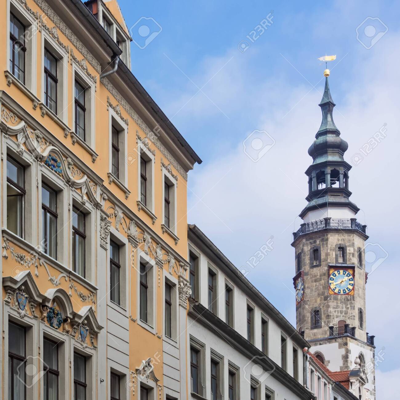 Historic buildings in the old town of city Goerlitz with town hall in the background, Saxony, Germany - 146409522 Historic buildings in the old town of city Goerlitz with town hall in the background, Saxony, Germany - 146409522