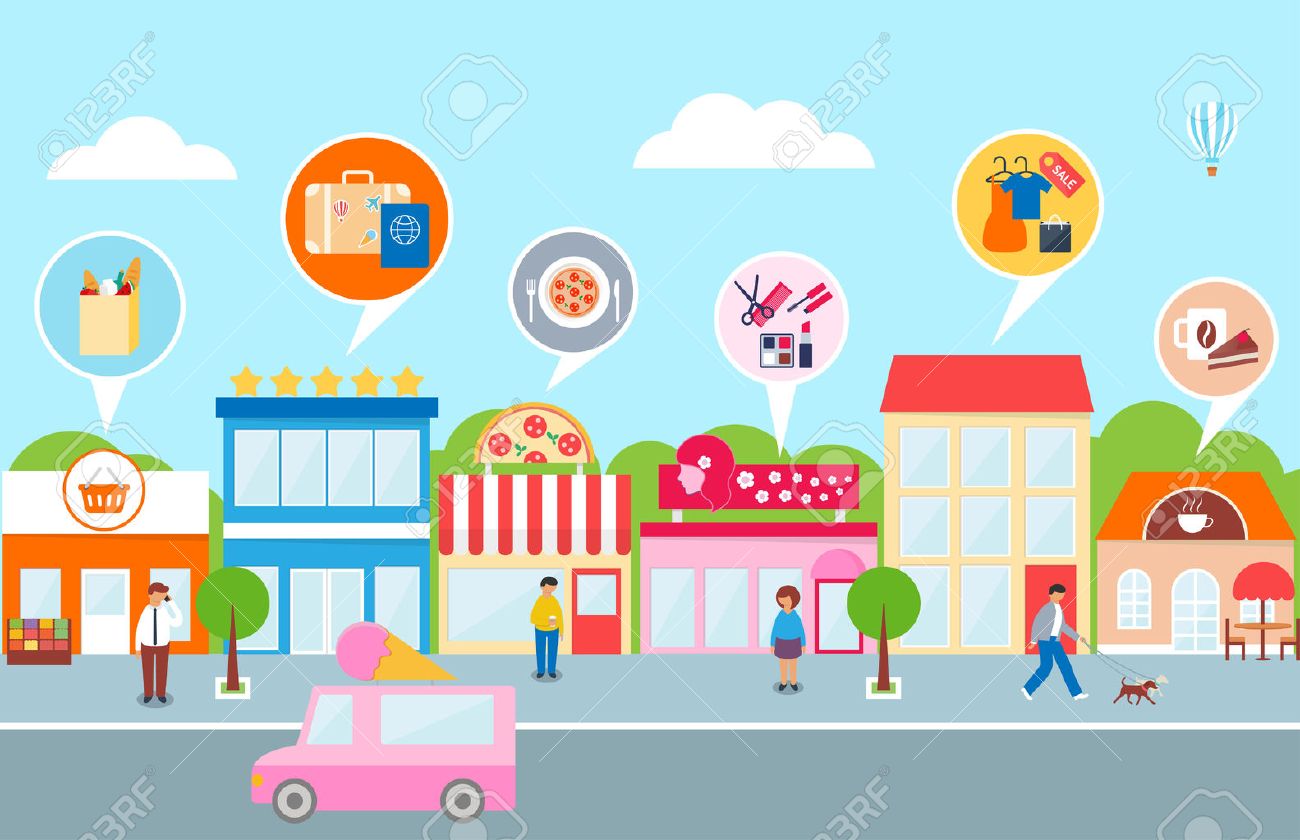中小企業は ベクトル図 町のホテル カフェ ピザ ショップ 市場 美容サロン のイラスト素材 ベクタ Image
