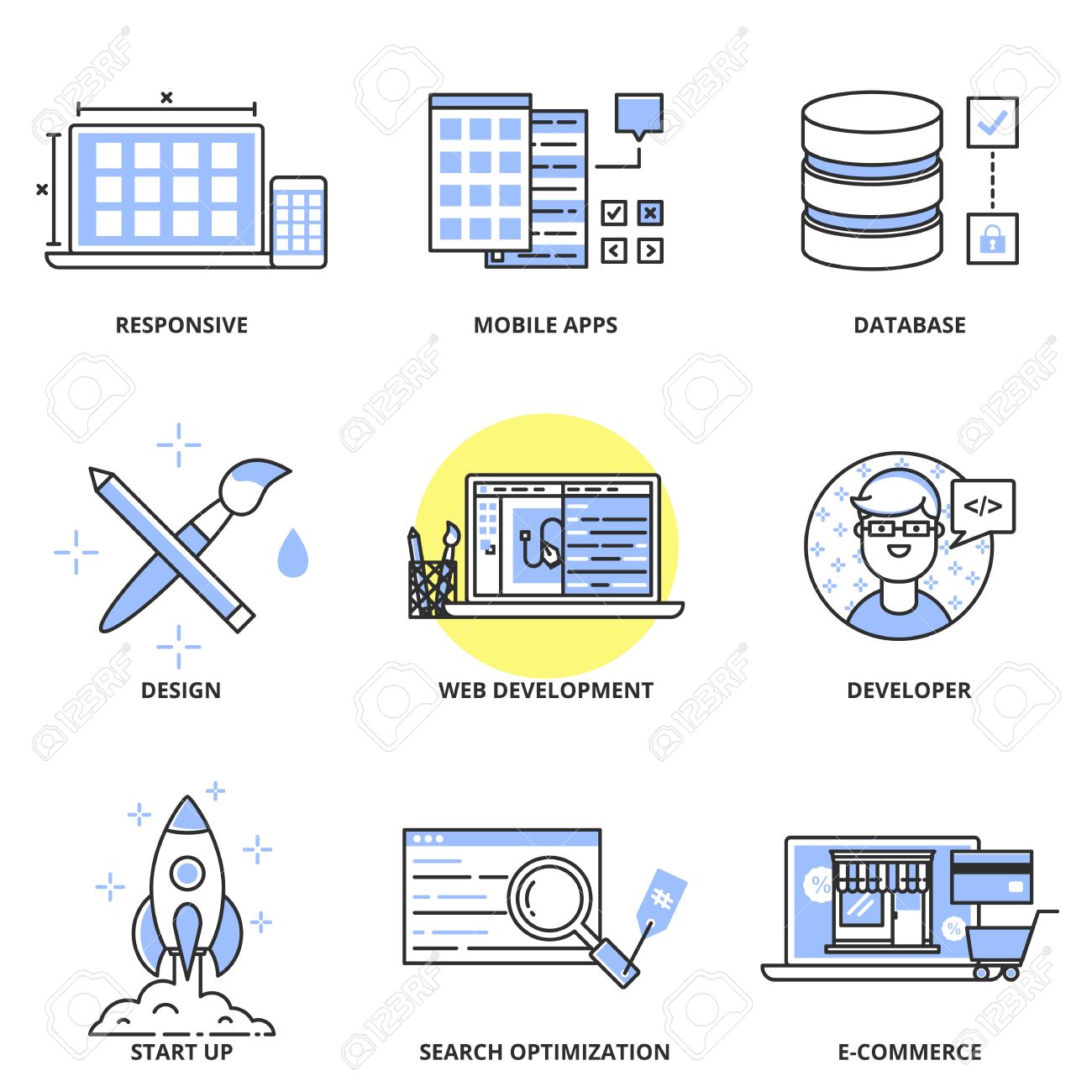Web Development And Design Vector Icons Set Responsive Optimization Mobile Apps Database Design Web Development Developer Start Up Seo E Commerce Modern Line Style Royalty Free Cliparts Vectors And Stock Illustration Image 40978837