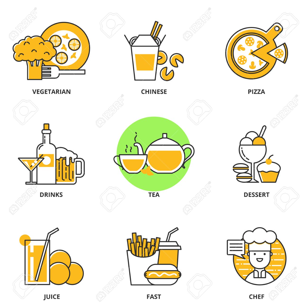 Essen Und Trinken Vektor Icons Gesetzt Vegetarische Kost Chinesisches Essen Pizza Alkoholfreie Getranke Tee Dessert Saft Schnell Koch Modernen Linienstil Lizenzfrei Nutzbare Vektorgrafiken Clip Arts Illustrationen Image 41695325
