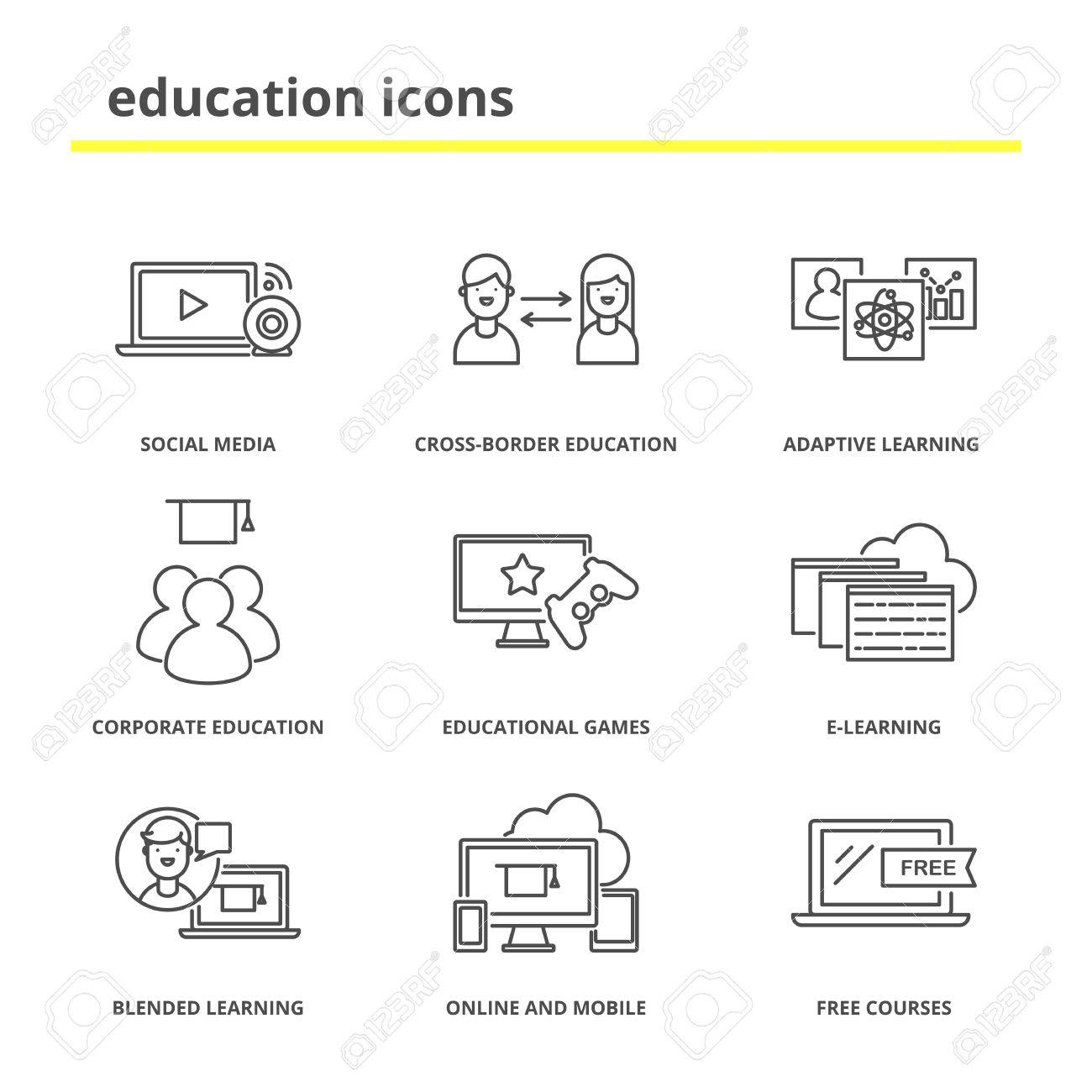教育のアイコンを設定 ソーシャル メディア 適応および混ぜられた学習 企業や国境を越えた教育 教育用ゲーム E ラーニング オンライン モバイル 無料コースのイラスト素材 ベクタ Image
