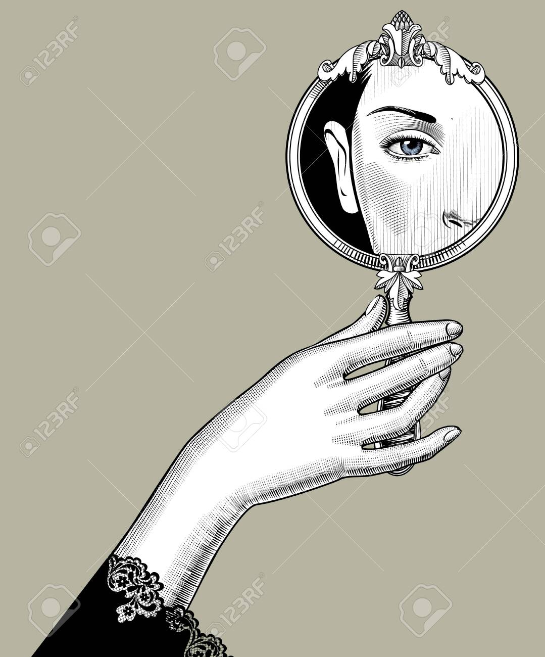 Female Hand Holding A Round Decorative Mirror With An Eye Reflection.  Vintage Engraving Stylized Drawing. Vector Illustration Royalty Free SVG,  Cliparts, Vectors, And Stock Illustration. Image 136830845.