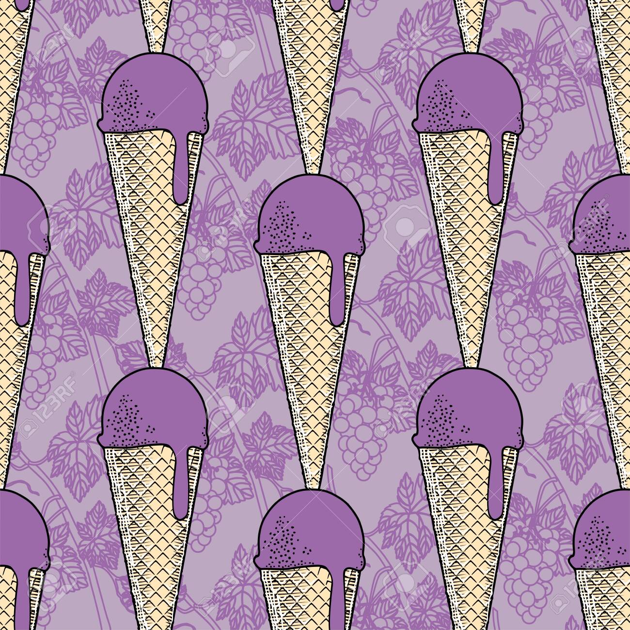 Grape Ice Cream In A Waffle Cone. Seamless Background With Ice Cream Pattern.  Old Color Print With A Stylized Pattern. Vector Illustration Royalty Free  SVG, Cliparts, Vectors, and Stock Illustration. Image 148766816., image size:1300x1299