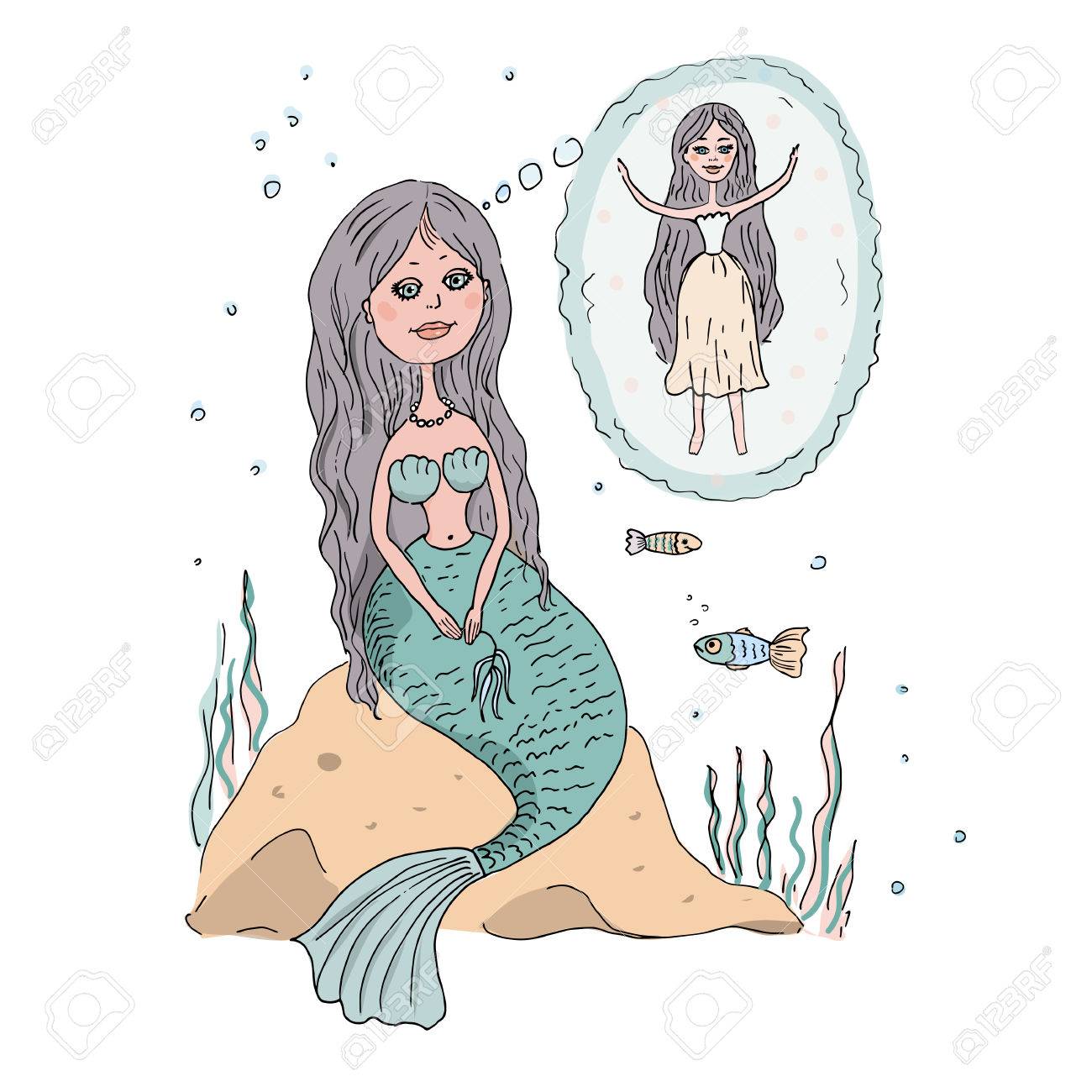 The Lovely And Beautiful Little Mermaid Sits On A Stone At The Bottom Of The Sea