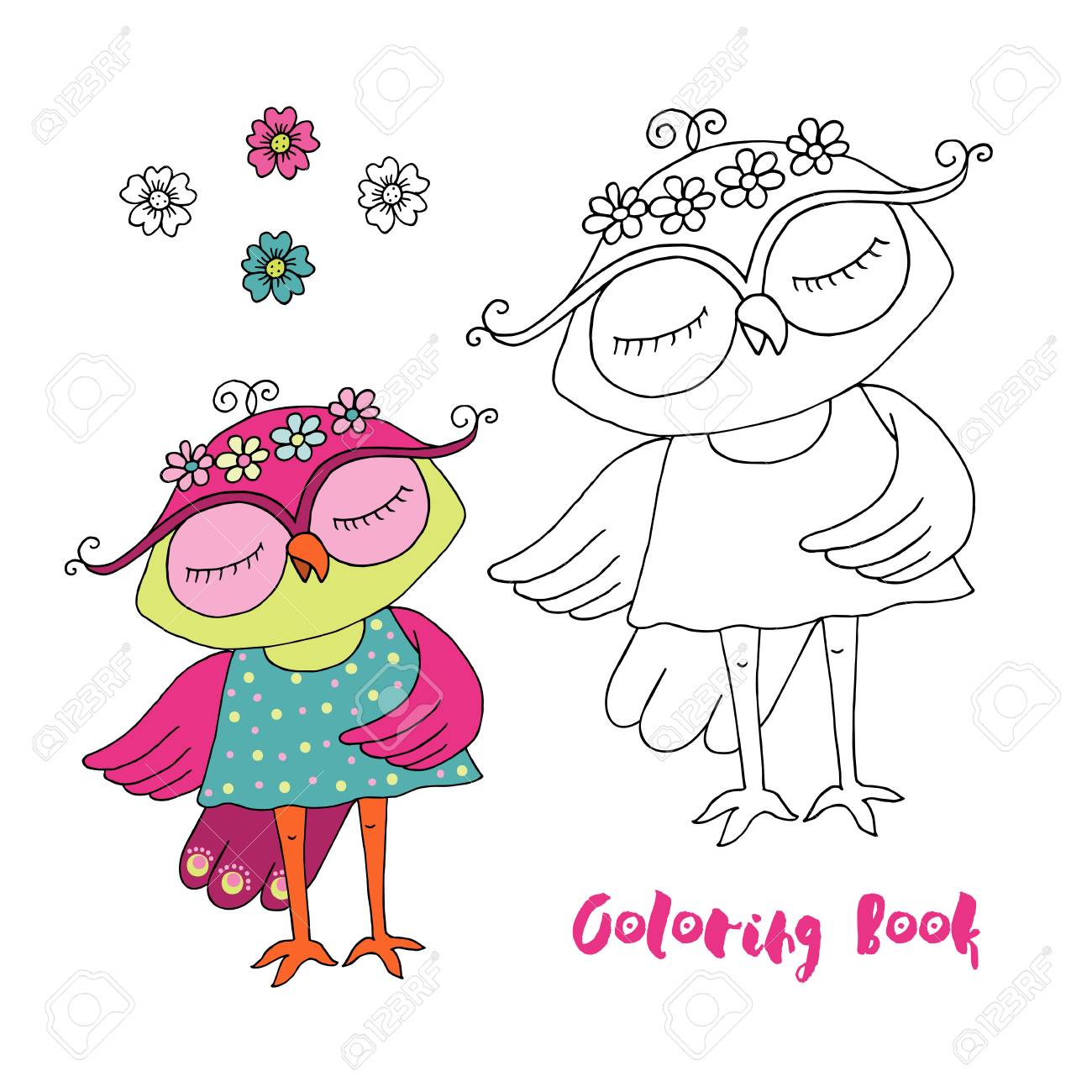 Chouette Dessin Animé Mignon En Robe Bleue Sur Fond Blanc Illustration Vectorielle Drôle Doiseau Dans Un Style Doodle Dessin Linéaire Noir Et