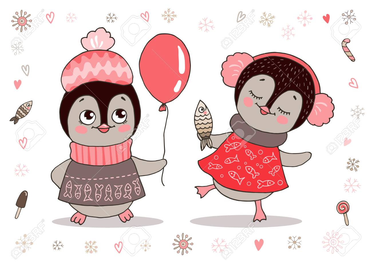 暖かい服とイヤーマフでかわいいペンギン女の子のイラスト素材 ベクタ Image 1234