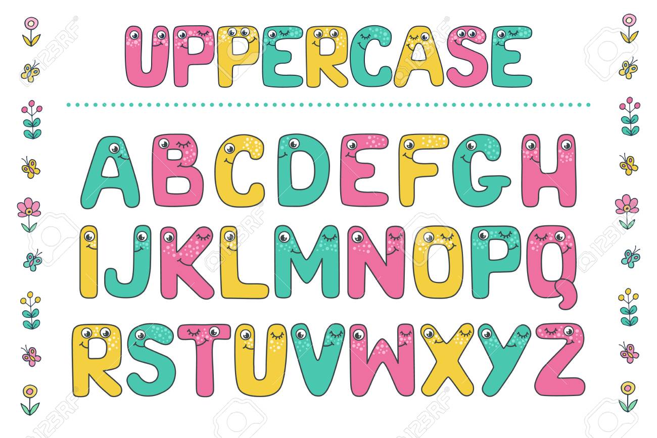目を持つキッズアルファベットからのかわいいカラフルな文字 子供のための白い背景に面白いフォント漫画のベクトルのイラスト のイラスト素材 ベクタ Image