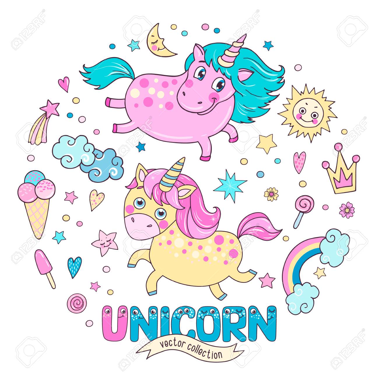 cute magic collection with two unicorns rainbow clouds ice unicorn word