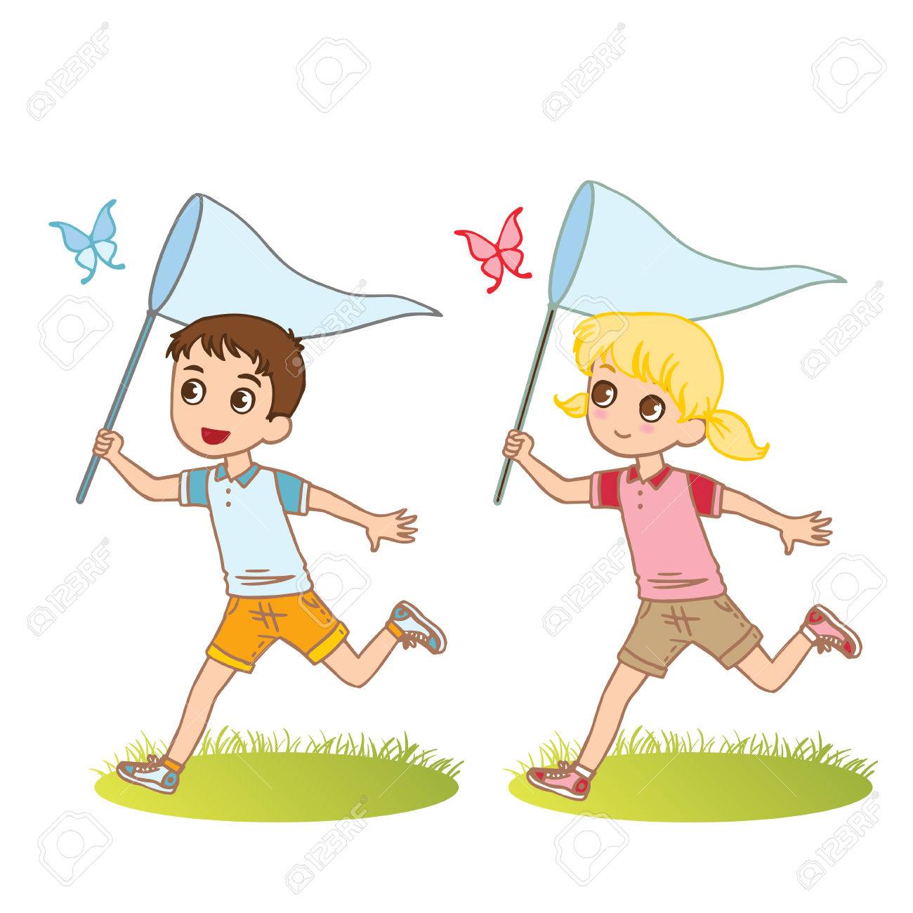 子どもたちは 草原で遊ぶ かわいい文字 ベクトルの図 のイラスト素材 ベクタ Image