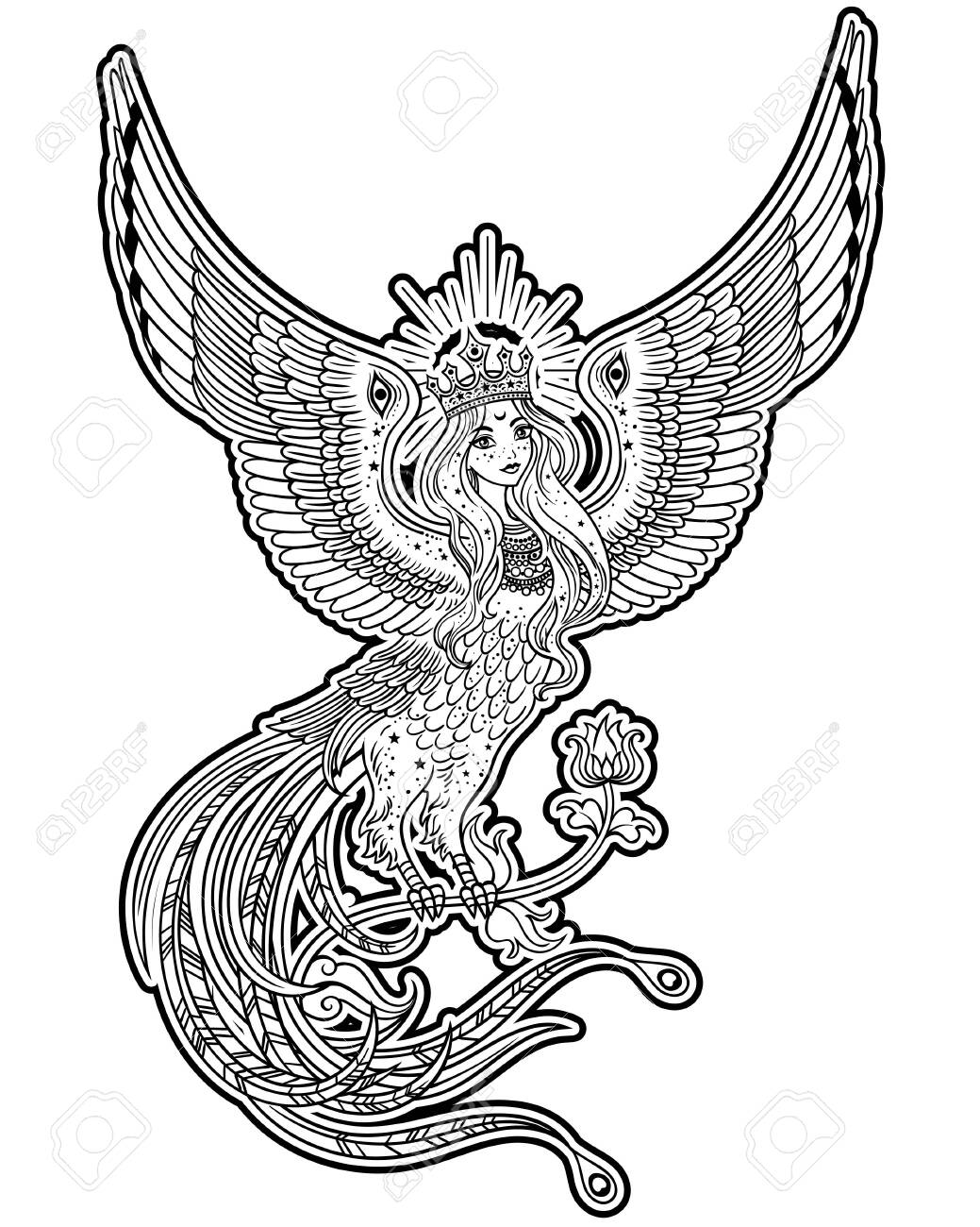 線画アート 女性と鳥