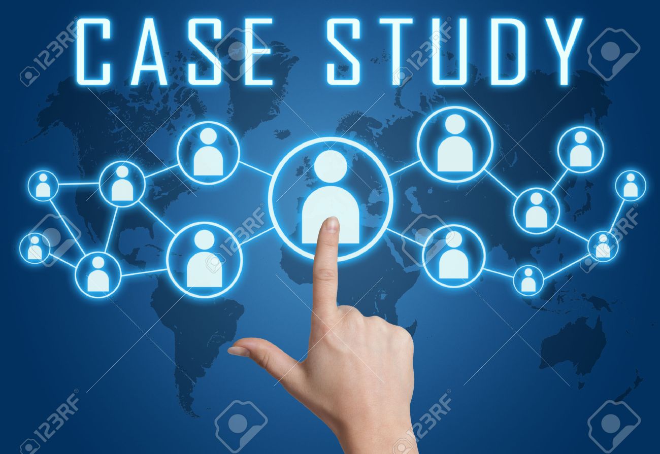 Case Study concept with hand pressing social icons on blue world map background. - 29515201 Case Study concept with hand pressing social icons on blue world map background. - 29515201