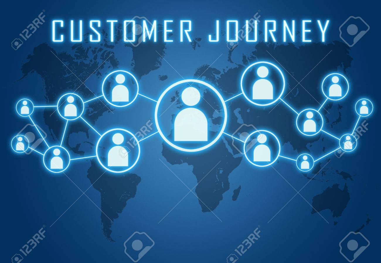 Customer Journey concept on blue background with world map and social icons. - 29515271 Customer Journey concept on blue background with world map and social icons. - 29515271