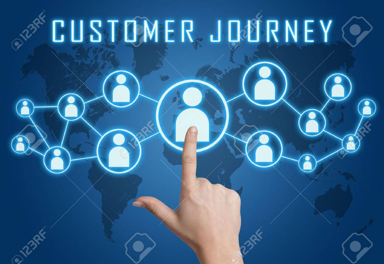 Customer Journey concept with hand pressing social icons on blue world map background. - 29731537 Customer Journey concept with hand pressing social icons on blue world map background. - 29731537