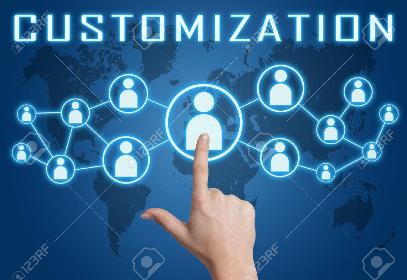 Customization concept with hand pressing social icons on blue world map background. - 31166132 Customization concept with hand pressing social icons on blue world map background. - 31166132