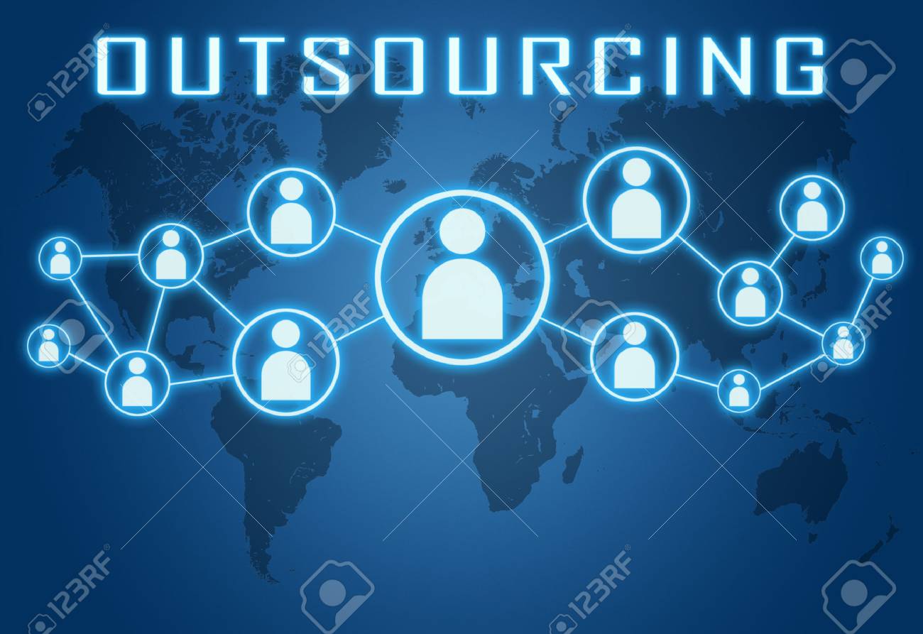 Outsourcing Concept On Blue Background With World Map And Social Icons.  Stock Photo, Picture and Royalty Free Image. Image 33343207.
