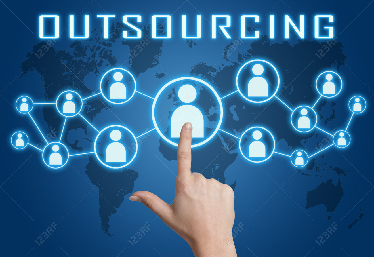 Outsourcing concept with hand pressing social icons on blue world map background. - 34122404 Outsourcing concept with hand pressing social icons on blue world map background. - 34122404
