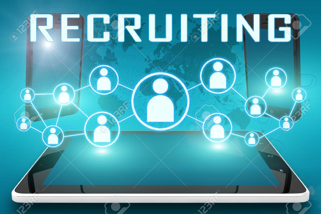 Recruiting - text illustration with social icons and tablet computer and mobile cellphones on cyan digital world map background - 34330136 Recruiting - text illustration with social icons and tablet computer and mobile cellphones on cyan digital world map background - 34330136