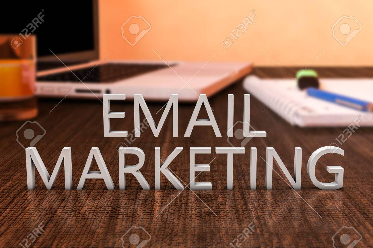 Email Marketing - letters on wooden desk with laptop computer and a notebook. 3d render illustration. - 38103204 Email Marketing - letters on wooden desk with laptop computer and a notebook. 3d render illustration. - 38103204