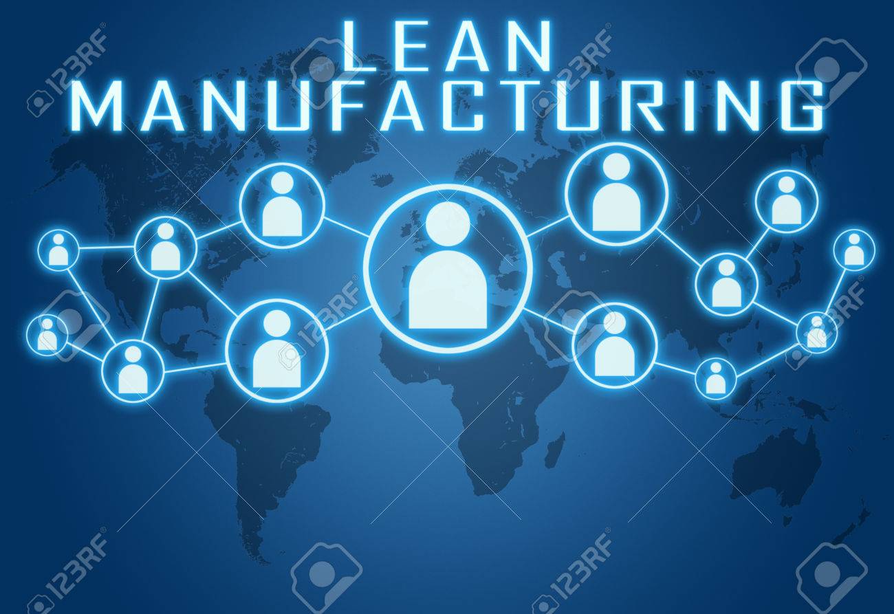 lean manufacturing concept on blue background with world map stock
