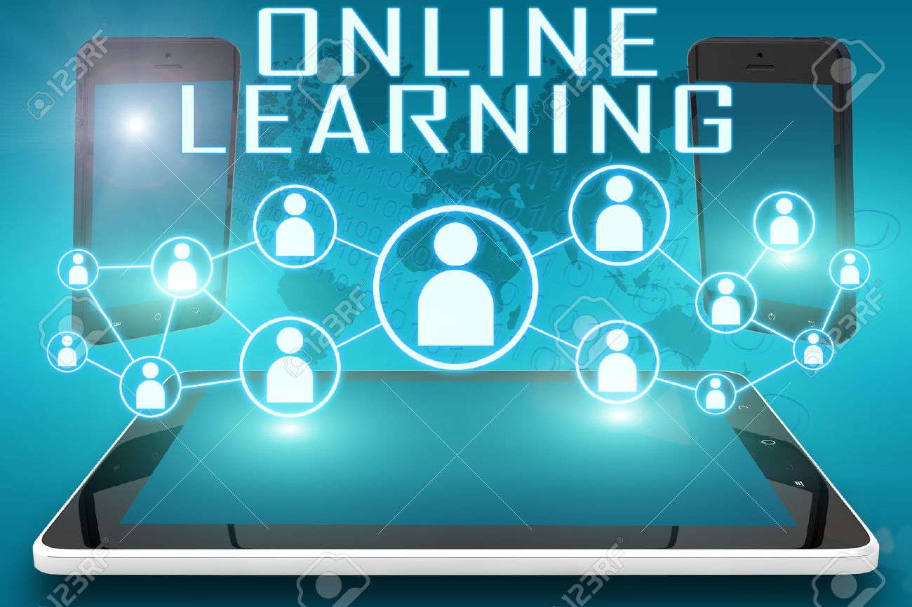 Online Learning - text illustration with social icons and tablet computer and mobile cellphones on cyan digital world map background. - 44030440 Online Learning - text illustration with social icons and tablet computer and mobile cellphones on cyan digital world map background. - 44030440