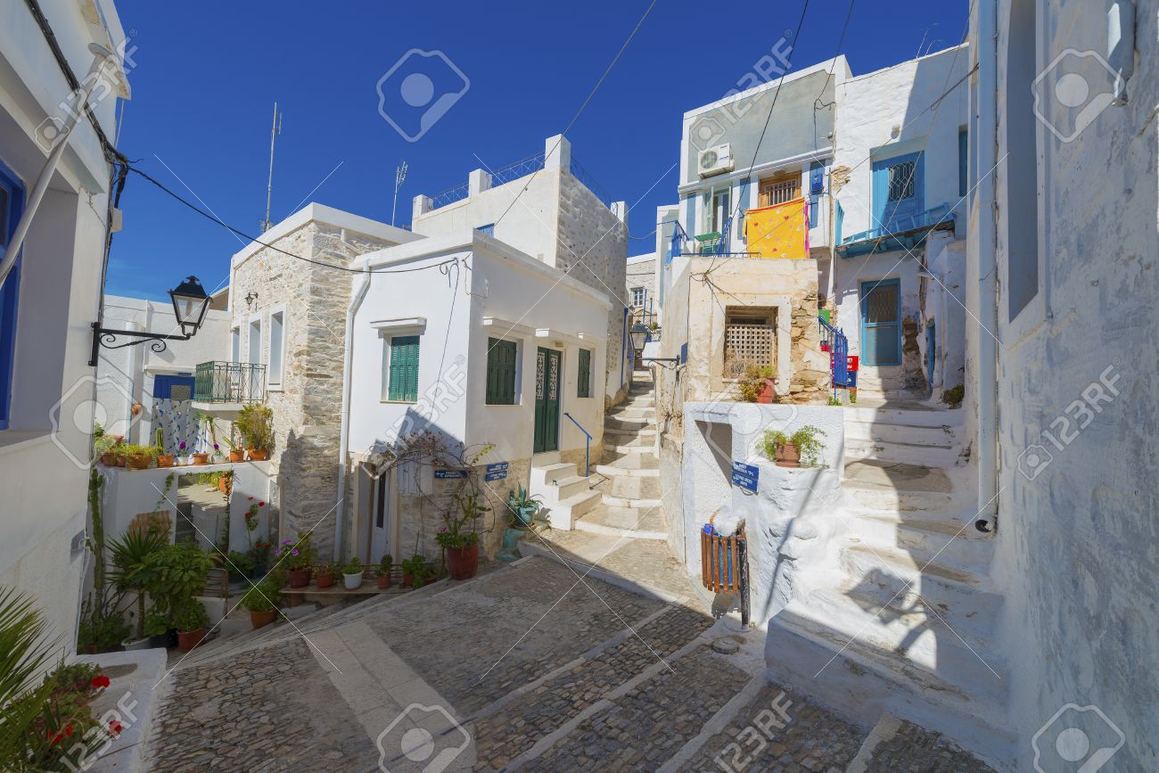 Traditional Greek Houses greece siros, street view of traditional greek houses in chora Traditional Greek Houses greece siros, street view of traditional greek houses in chora