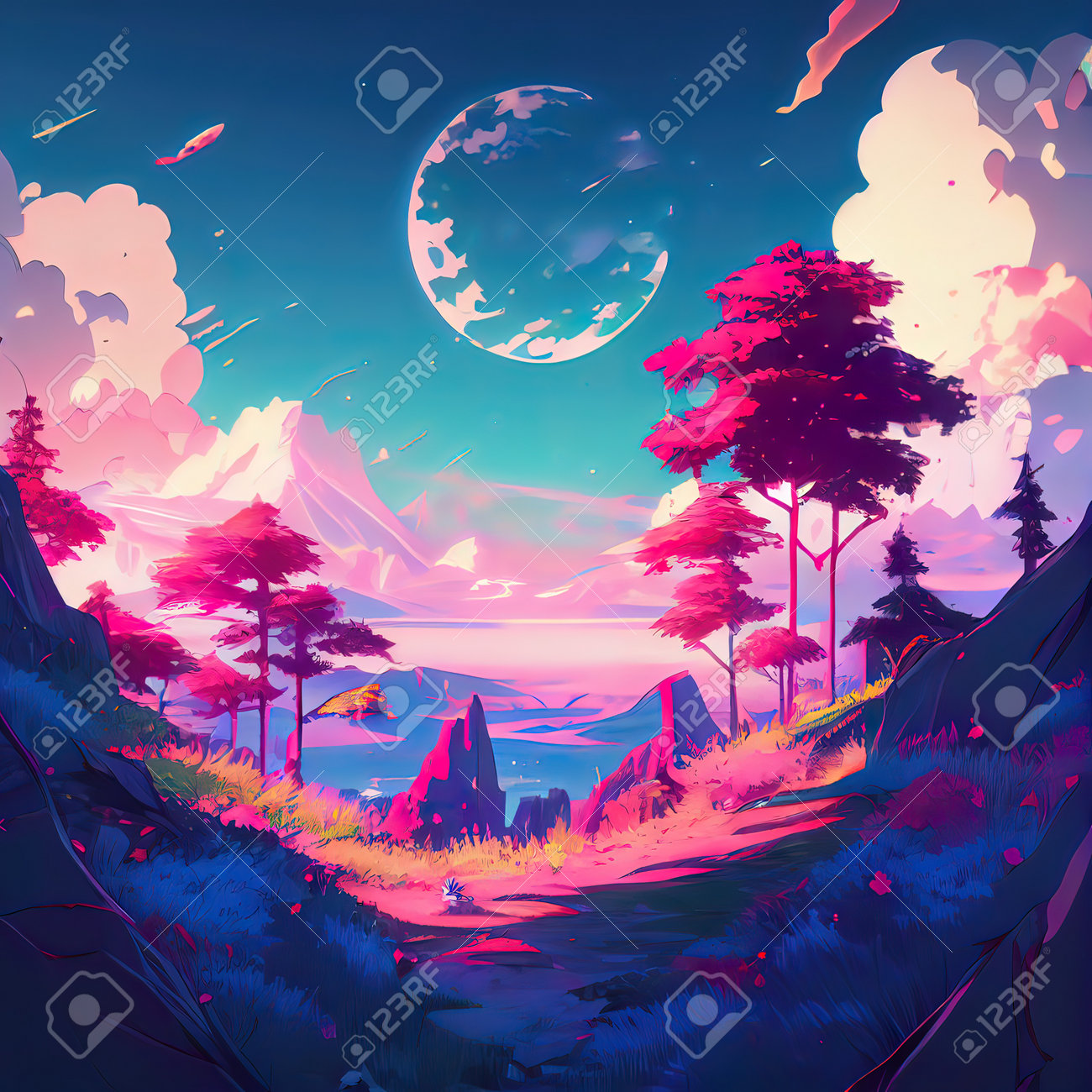 Magical Landscape - Anime Wallpaper Stock Photo, Picture and Royalty Free  Image. Image 206807176., image size:1300x1300