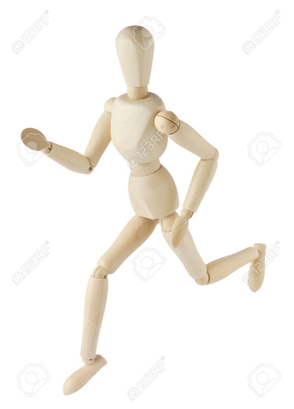 wooden mannequin running isolated on white background stock photo