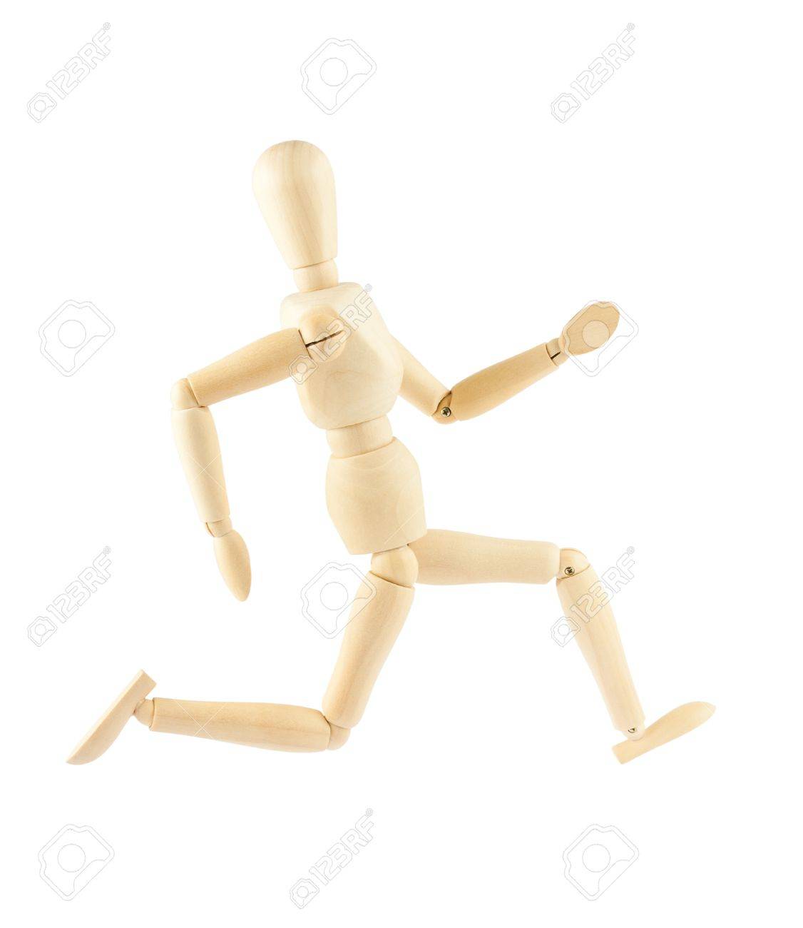 wooden mannequin running isolated on white background stock photo