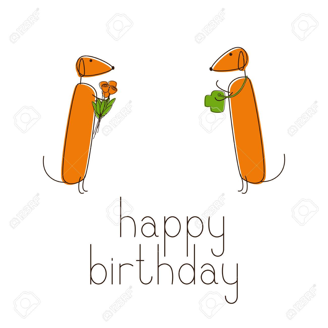 2 かわいい茶色の凸凹フォクシー色ダックスフントのグリーティング カード 白い背景に英語で幸せな誕生日をレタリングの花の花束と別カメラでいずれか のイラスト素材 ベクタ Image