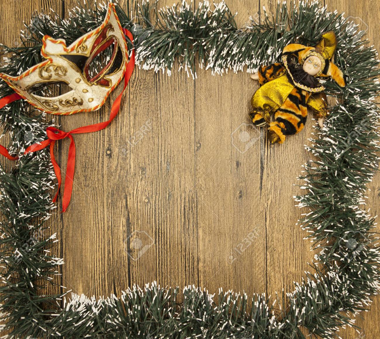 christmas card from christmas trees with masquerade mask and stock