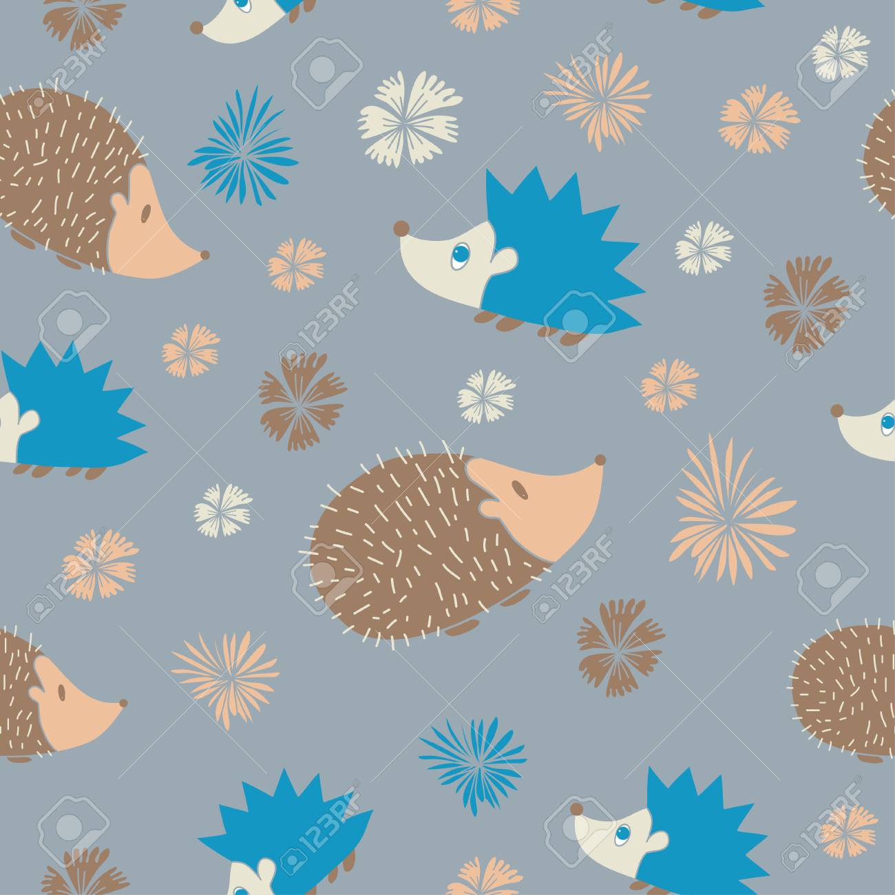 かわいい漫画のハリネズミとシームレスなパターンをベクトル 青とグレーの色のパターン 男の子のためのプリントです のイラスト素材 ベクタ Image