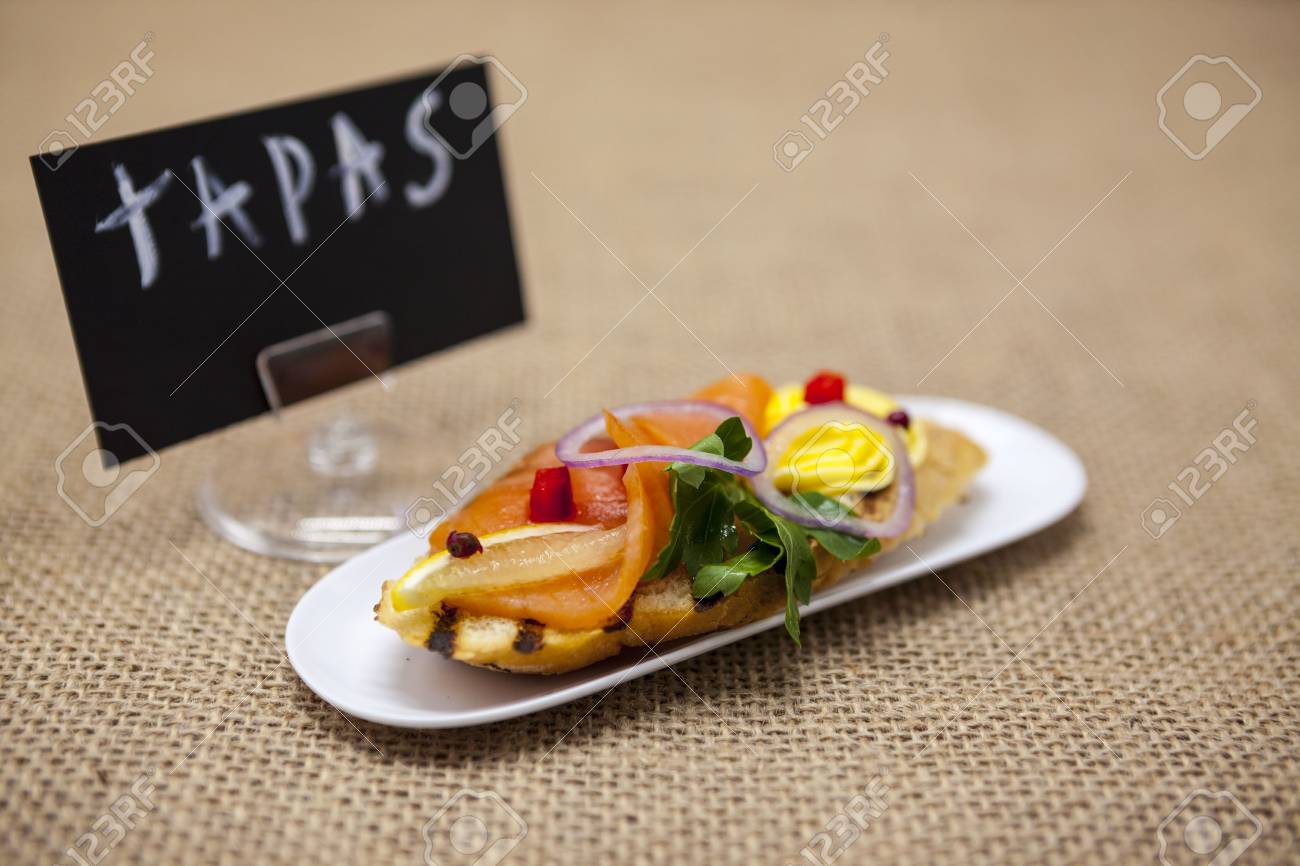 tapas poster fresh spanish tapas on bread baguette smoked norwegian fresh in spanish
