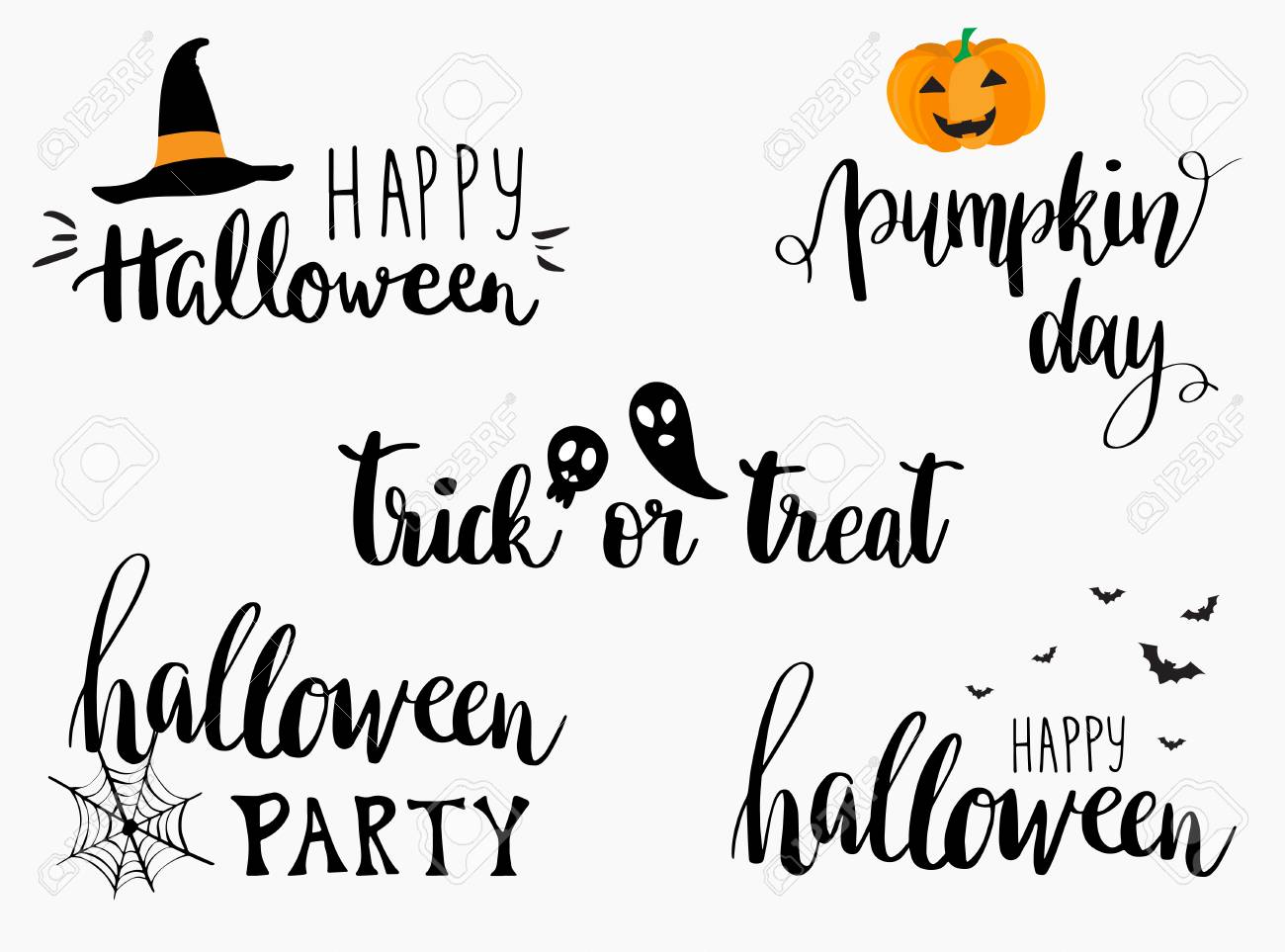 Halloween Lettering Phrases Set. Halloween Greeting Card Calligraphy.  Halloween Banner Or Poster. Trick Or Treat Lettering. Pumpkin Day. Halloween  Party. Royalty Free SVG, Cliparts, Vectors, and Stock Illustration. Image  63812182., image size:1300x963