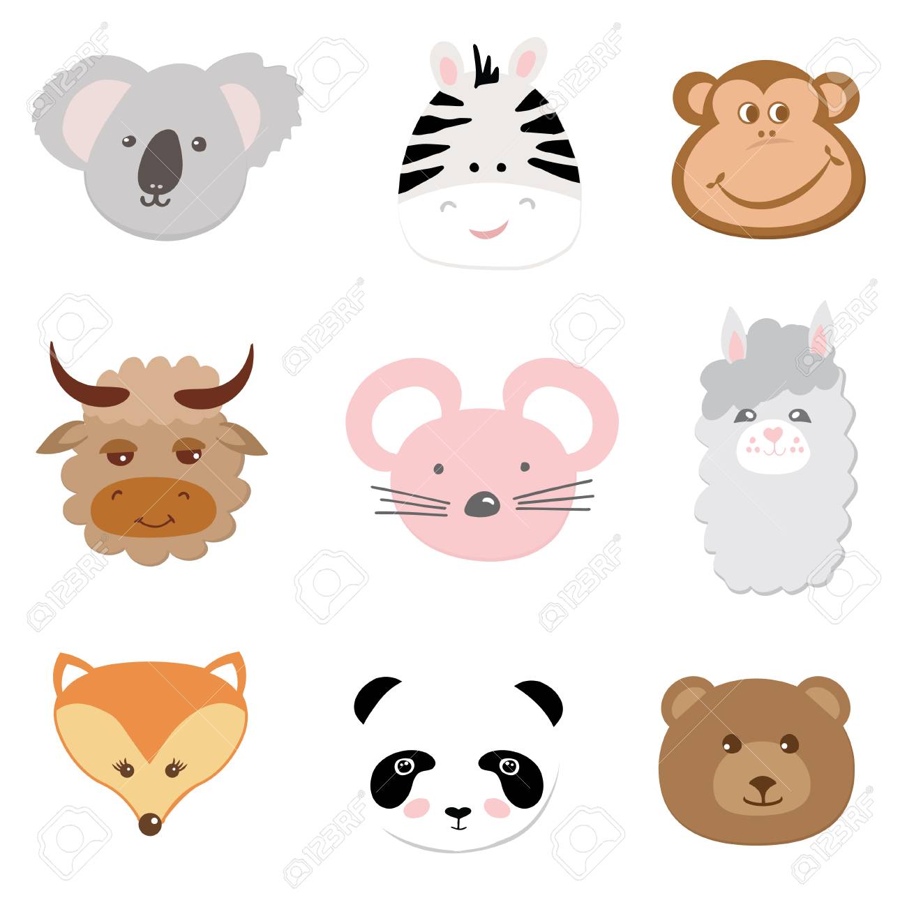 Grand Ensemble Collection De Visages Mignons De Bebes Animaux Sur Fond Blanc Le Koala Le Zebre Le Singe Le Yak La Souris L Alpaga Le Lama Le Renard Le Panda Et L Ours Inclus