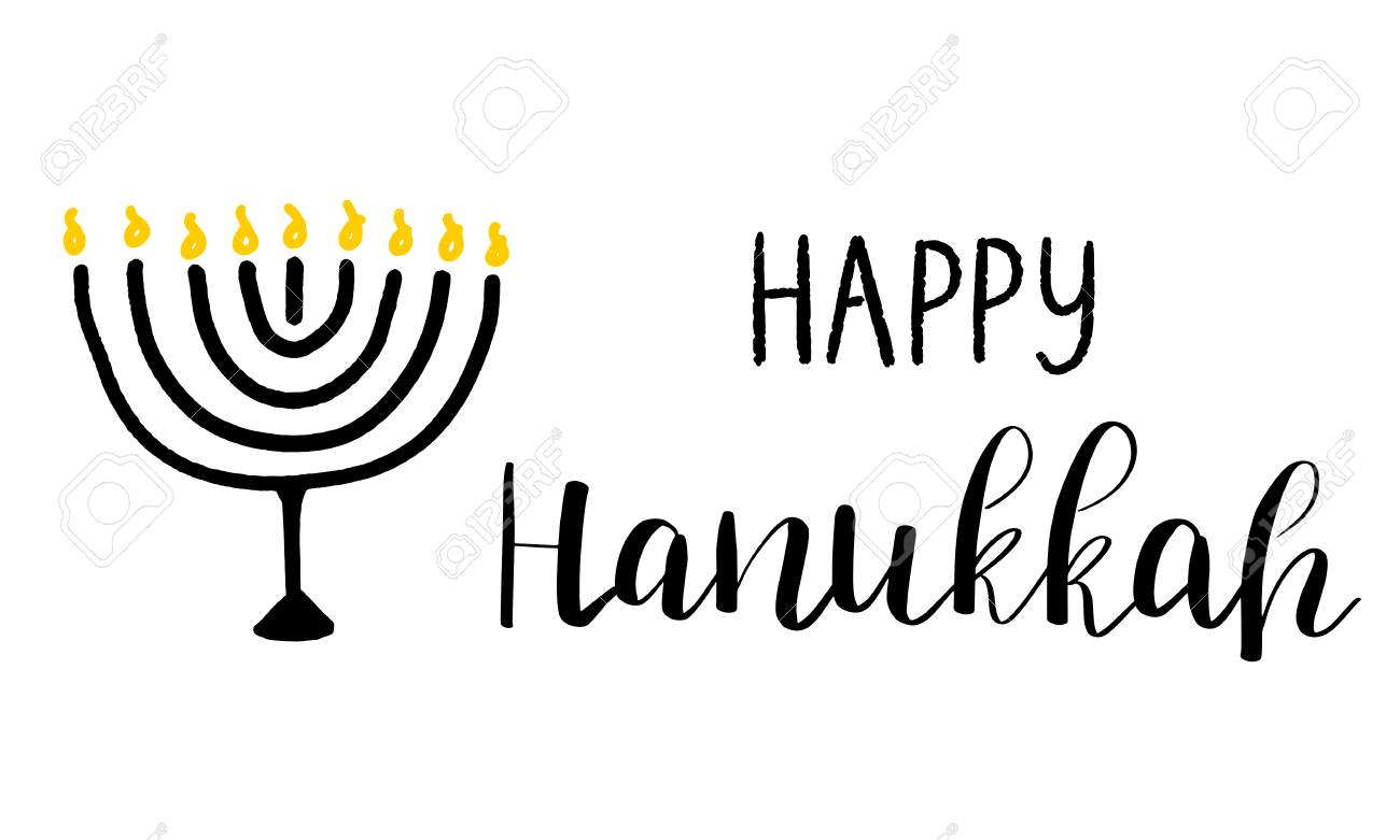 happy hanukkah card with lettering text and menorah with 9 candles hannukah card