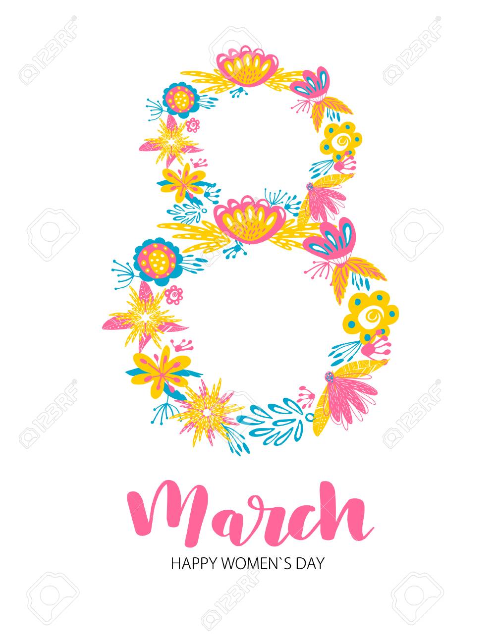 Feliz Dia Da Mulher Frase Manuscrita E Numero 8 De Duas Grinaldas De Flores Sobre Fundo Branco Convite De Festa De 8 De Marco Cartaz Banner Ou Cartao Design Ilustraciones Vectoriales Clip