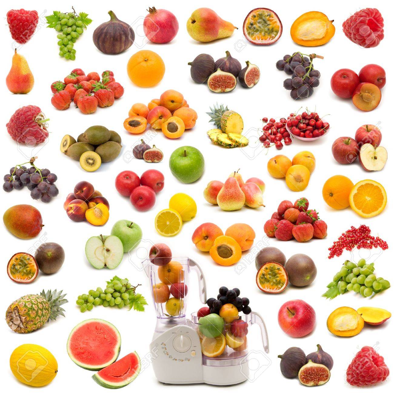 collection of fresh juicy fruits on white background stock photo