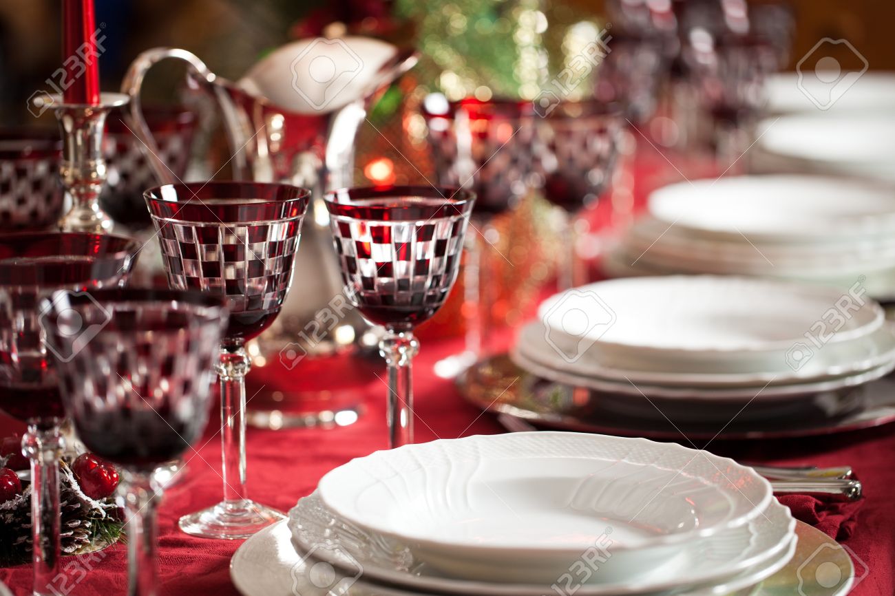 Banquet With Red Table Setting. Red Tablecloth, White Dishes ... Banquet With Red Table Setting. Red Tablecloth, White Dishes ...