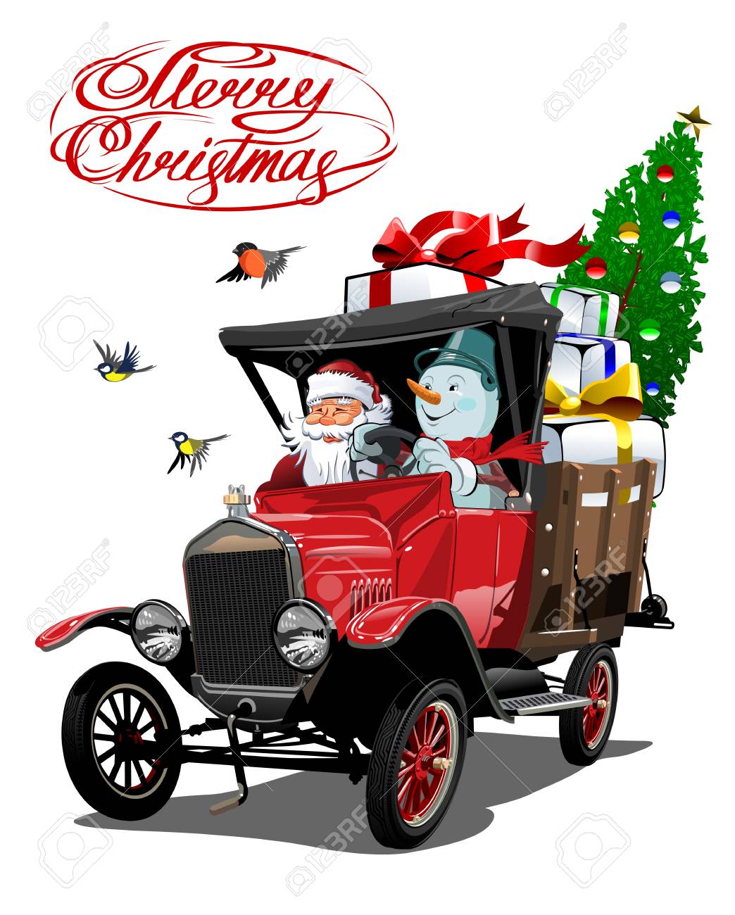 Vector Christmas Card With Cartoon Retro Christmas Delivery Truck Santa Snowman And Christmas Lettering Royalty Free Cliparts Vectors And Stock Illustration Image 112902354