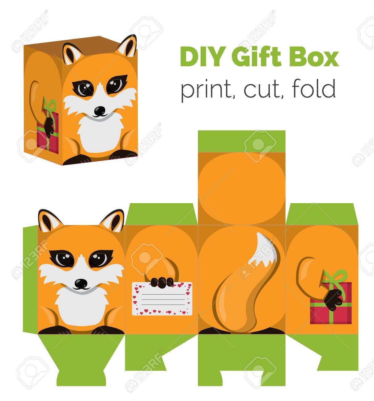 Adorable Do It Yourself DIY fox gift box with ears for sweets, candies, small presents. Printable color scheme. Print it on thick paper, cut out, fold according to the lines. - 52253733 Adorable Do It Yourself DIY fox gift box with ears for sweets, candies, small presents. Printable color scheme. Print it on thick paper, cut out, fold according to the lines. - 52253733