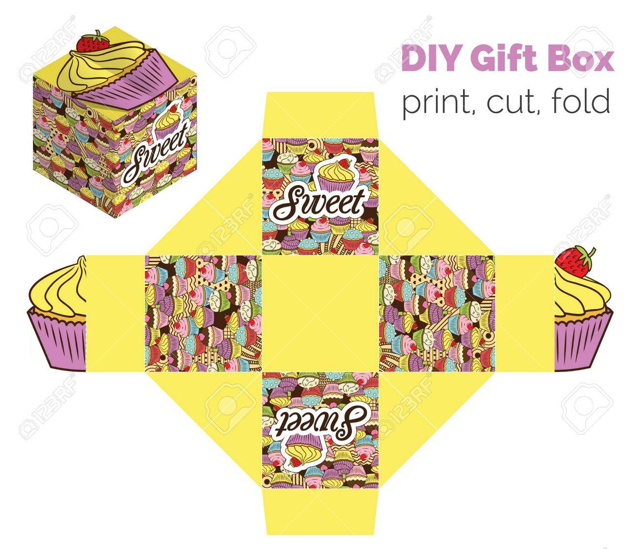 Doux Do It Yourself Emballage De Petit Gateau De Bricolage Pour Les Deserts Des Bonbons Des Petits Cadeaux Des Jouets Schema De Couleur Imprimable Imprimez Sur Du Papier Epais Decouper Plier Selon
